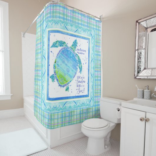 ライブサンシャインスイムシーウミガメビーチ水彩 シャワーカーテン (インサイチュ)