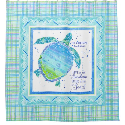 ライブサンシャインスイムシーウミガメビーチ水彩 シャワーカーテン (正面)