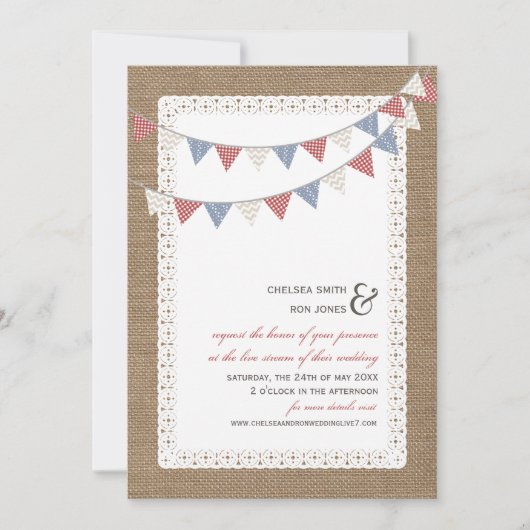 ライブストリーム結婚バーチャルのレースバンティングラップ 招待状 (正面)