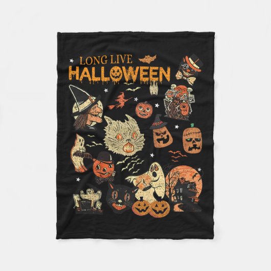 ライブハロウィーンヴィンテージパンプキンウィッチ幽霊ブラックC フリースブランケット (正面)