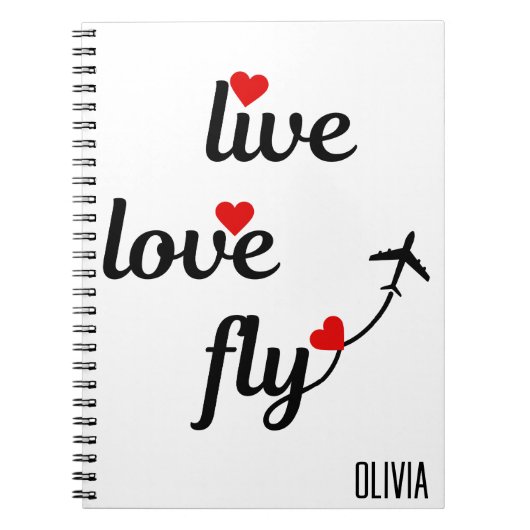 ライブラブフライタイポグラフィとハート、飛行機飛んでいる ノートブック (正面)