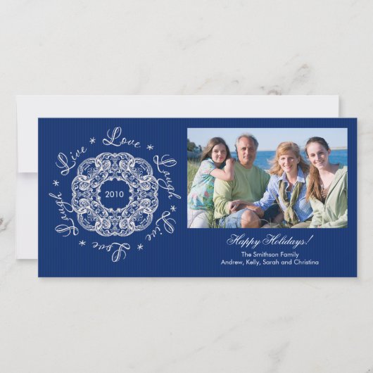 ライブラブ笑いヴィンテージオーナメントホリデーフォトカード シーズンカード (正面)