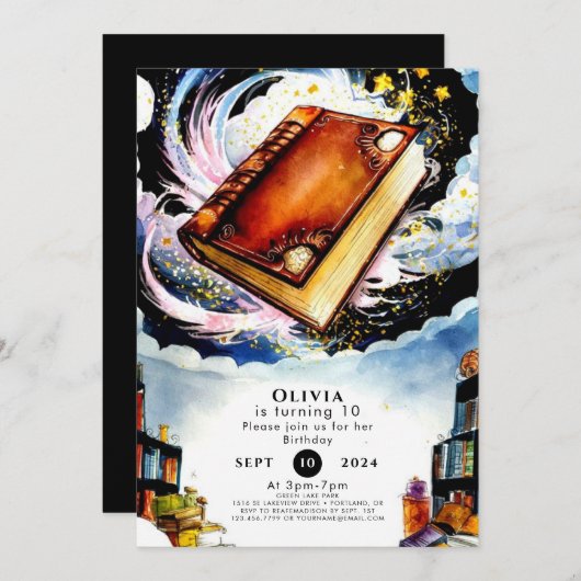 ライブラリおもしろいボウホストーリーブック誕生日 招待状 (正面/裏面)