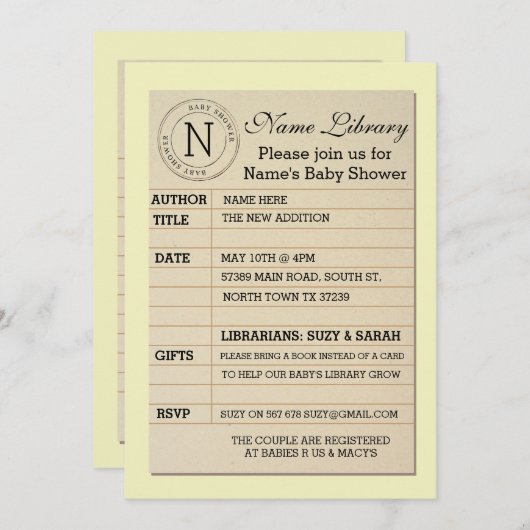 ライブラリカードベビーシャワーイエロー招待状招待状 招待状 (正面/裏面)