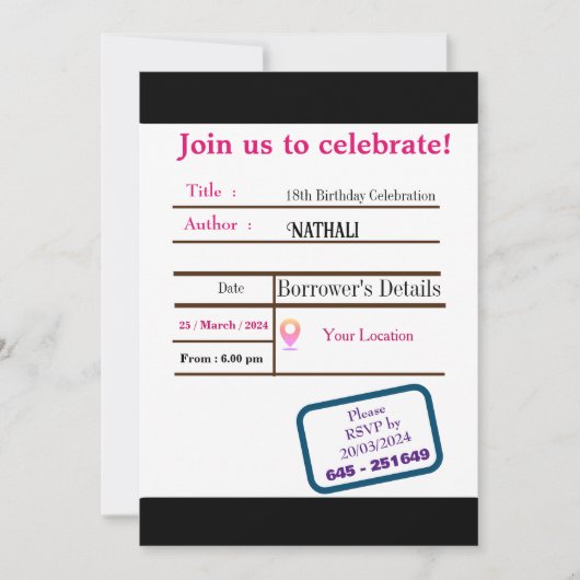 ライブラリカード誕生日招待状 招待状 (正面)