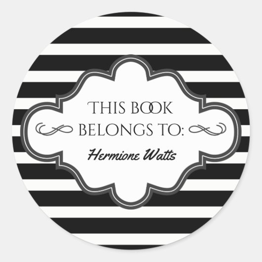 ライブラリパーソナライズされた蔵書票ブラックストライプ ラウンドシール (正面)