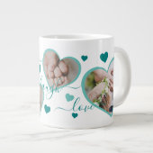 ライブ笑いラブフォトハートティール(緑がかった色) ジャンボコーヒーマグカップ (正面右)