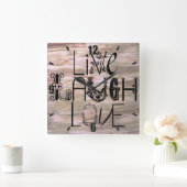 ライブ笑い愛の木製の素朴なサインウォールクロック スクエア壁時計 (ホーム)