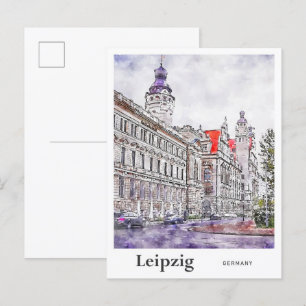 ライプツィヒGermany旅行水の色の手描き ポストカード