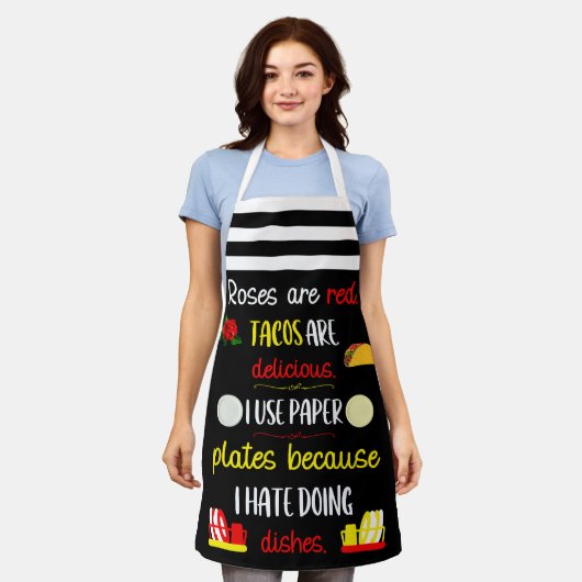ライムおもしろいバラ、タコス、紙プレートと料理 エプロン (着用した状態)