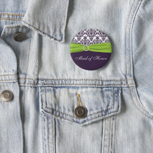 ライムおよび紫色のダマスク織のメイド・オブ・オーナー（花嫁付き添い人） Pin 缶バッジ (インサイチュ)