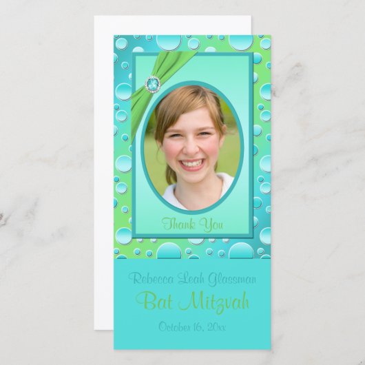 ライムとアクア水玉模様バルミツワーフォトカード サンキューカード (正面/裏面)