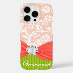 ライムとコーラルフェイクRhinstoneパーソナライズDamask iPhone 16 Proケース