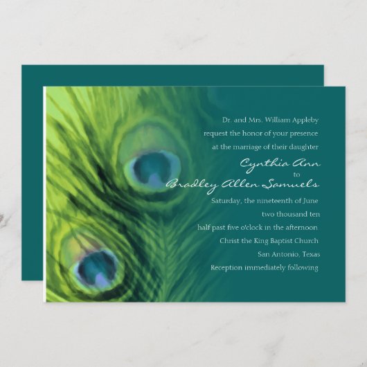 ライムとティール（緑がかった色）ピーコック結婚ズ 招待状 (正面/裏面)