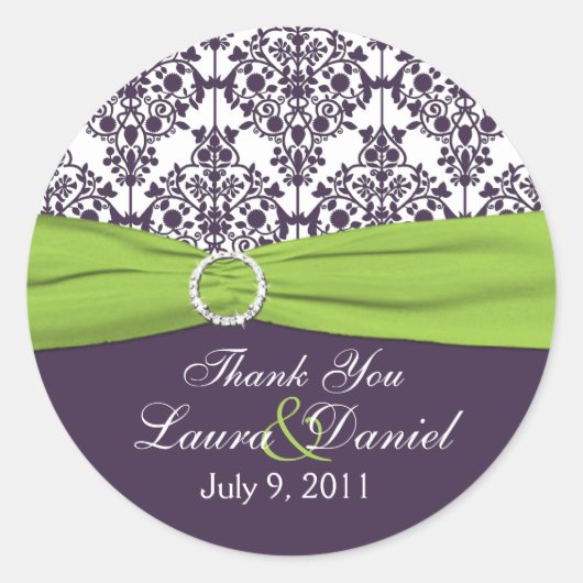 ライムとパープルダマスクありがとうステッカー ラウンドシール (正面)