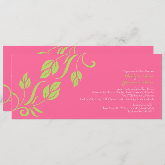 ライムとピンクのフローラ葉結婚式招待状 招待状 (正面/裏面)