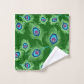 ライムとブルーピーコックフェザーのエメラルドグリーン バスタオルセット (ウォッシュタオル)