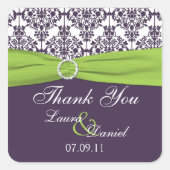 ライムと紫のダマスクの結婚式の好意ステッカー スクエアシール (正面)