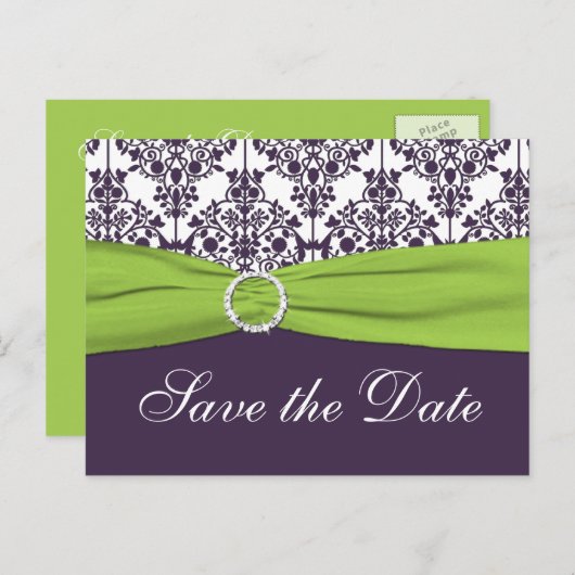 ライムと紫のダマスク日付はがきを保存 案内ポストカード (正面/裏面)