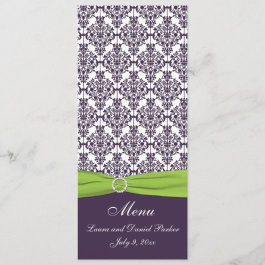 ライムと紫のダマスコウェディングメニューカード メニュー (正面)