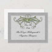 ライムと銀の装飾された渦巻きは日付を保存 案内ポストカード (正面/裏面)