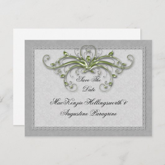 ライムと銀の装飾された渦巻きは日付を保存 案内ポストカード (正面/裏面)