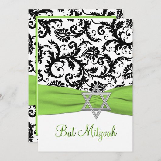 ライムののどのリボンが付いている白黒ダマスク織 招待状 (正面/裏面)