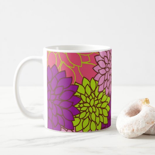 ライムはっきりしたグリーン、ピンク、紫のフローラデザイン コーヒーマグカップ (ドーナツ)