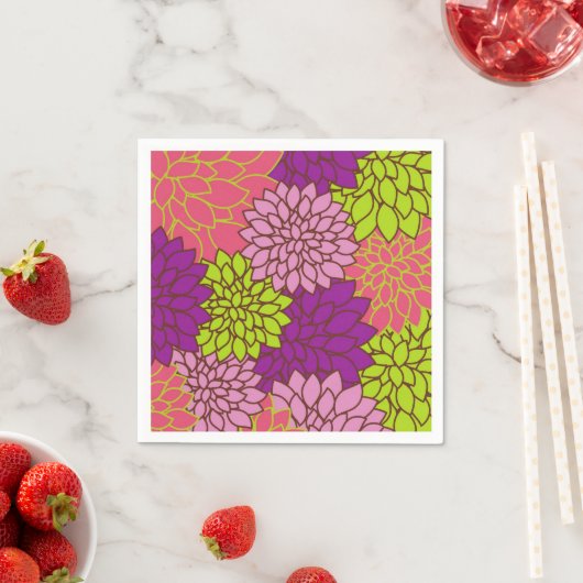 ライムはっきりしたグリーン、ピンク、紫のフローラデザイン スタンダードカクテルナプキン (インサイチュ)