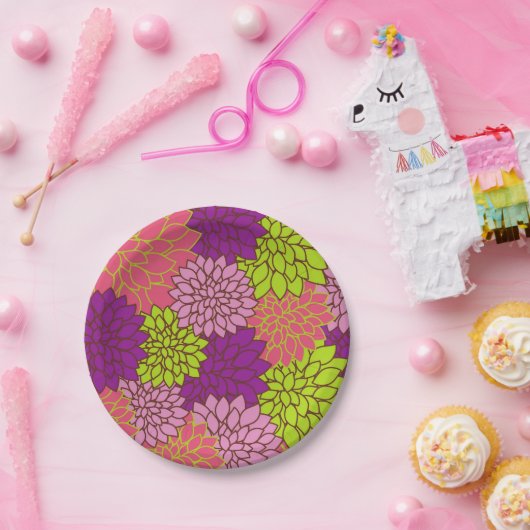 ライムはっきりしたグリーン、ピンク、紫のフローラデザイン ペーパープレート (パーティー)