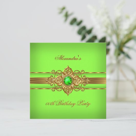 ライムエレガントグリーンジュエル金ゴールド誕生日パーティー 招待状 (スタンド正面)