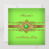 ライムエレガントグリーンジュエル金ゴールド誕生日パーティー 招待状 (正面)