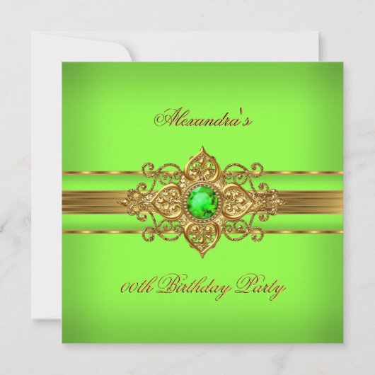 ライムエレガントグリーンジュエル金ゴールド誕生日パーティー 招待状 (正面)