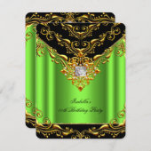 ライムエレガントグリーンブラックオン金ゴールド誕生日パーティー 招待状 (正面/裏面)