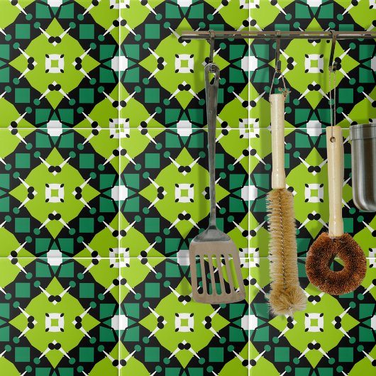 ライムエレガントグリーンブラック&ホワイトジオメトリパターン タイル