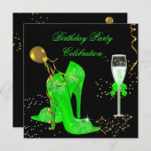 ライムエレガントグリーン金ゴールドグリッター誕生日パーティー 招待状 (正面/裏面)