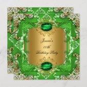 ライムエレガントグリーン金ゴールドフローラ誕生日パーティー 招待状 (正面/裏面)