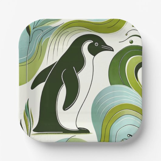 ライムオリーブグリーンペンギンインブロッサムフローラリーフ ペーパープレート (正面)