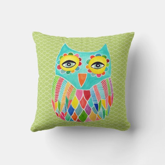 ライムガーリーファンキーグリーンフクロウのアートクッション クッション (裏面)