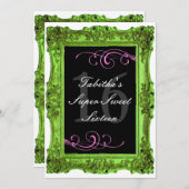 ライムグリーンおよびFormaのピンクのSweet sixteen Invitatio 招待状 (正面/裏面)