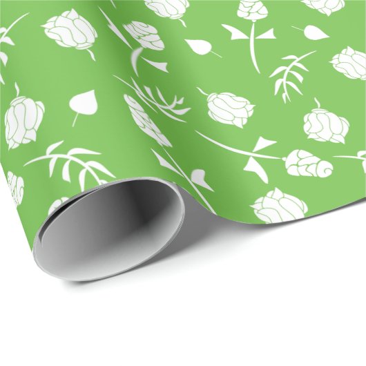 ライムグリーンかわいらしホワイトローズローズローズバッドフローラプリント ラッピングペーパー (ロールコーナー)