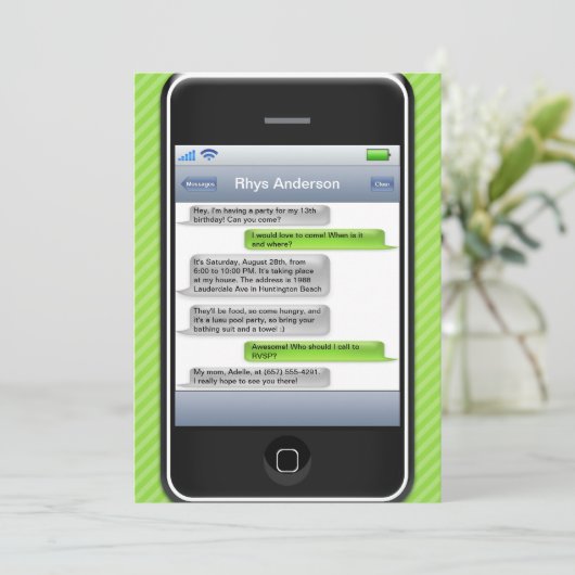 ライムグリーンか黒く頭が切れるな電話iParty誕生会 招待状 (スタンド正面)