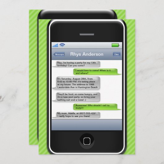 ライムグリーンか黒く頭が切れるな電話iParty誕生会 招待状 (正面/裏面)