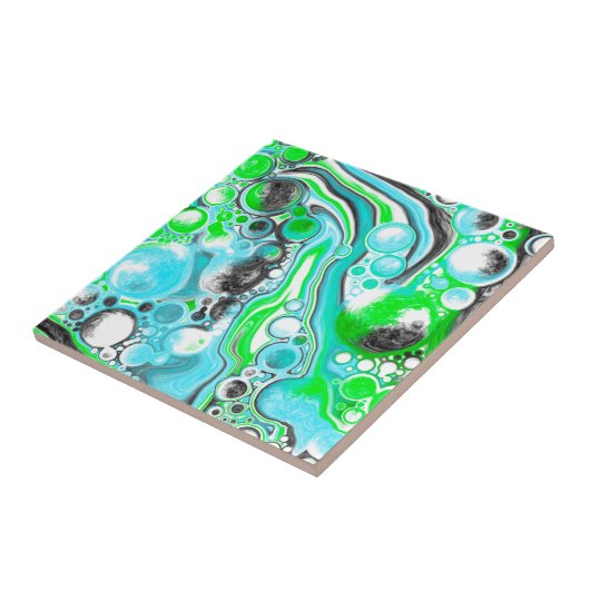 ライムグリーンとアクアブルーバブル抽象芸術アートギフト タイル (側面)
