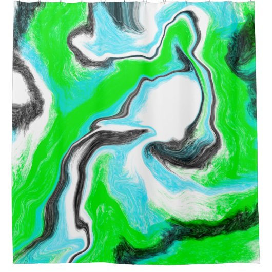 ライムグリーンとアクアブルーマーブル抽象芸術アート シャワーカーテン (正面)