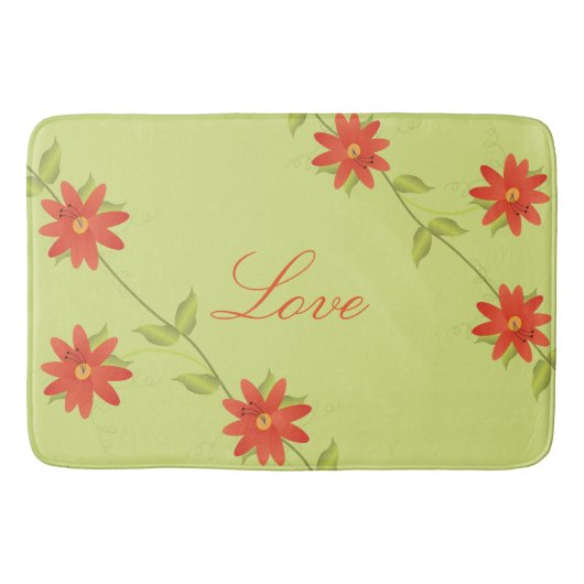 ライムグリーンとオレンジの花柄 バスマット (正面)