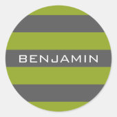 ライムグリーンとグレーラグビーストライプ名前をカスタムする ラウンドシール (正面)