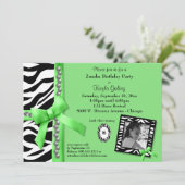 ライムグリーンとゼブラ柄のバースデーパーティー招待状 招待状 (スタンド正面)