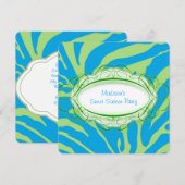 ライムグリーンとティール（緑がかった色）ブルーゼブラバースデーパーティー 招待状 (正面/裏面)