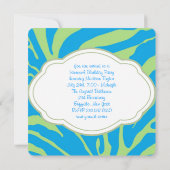 ライムグリーンとティール（緑がかった色）ブルーゼブラバースデーパーティー 招待状 (裏面)